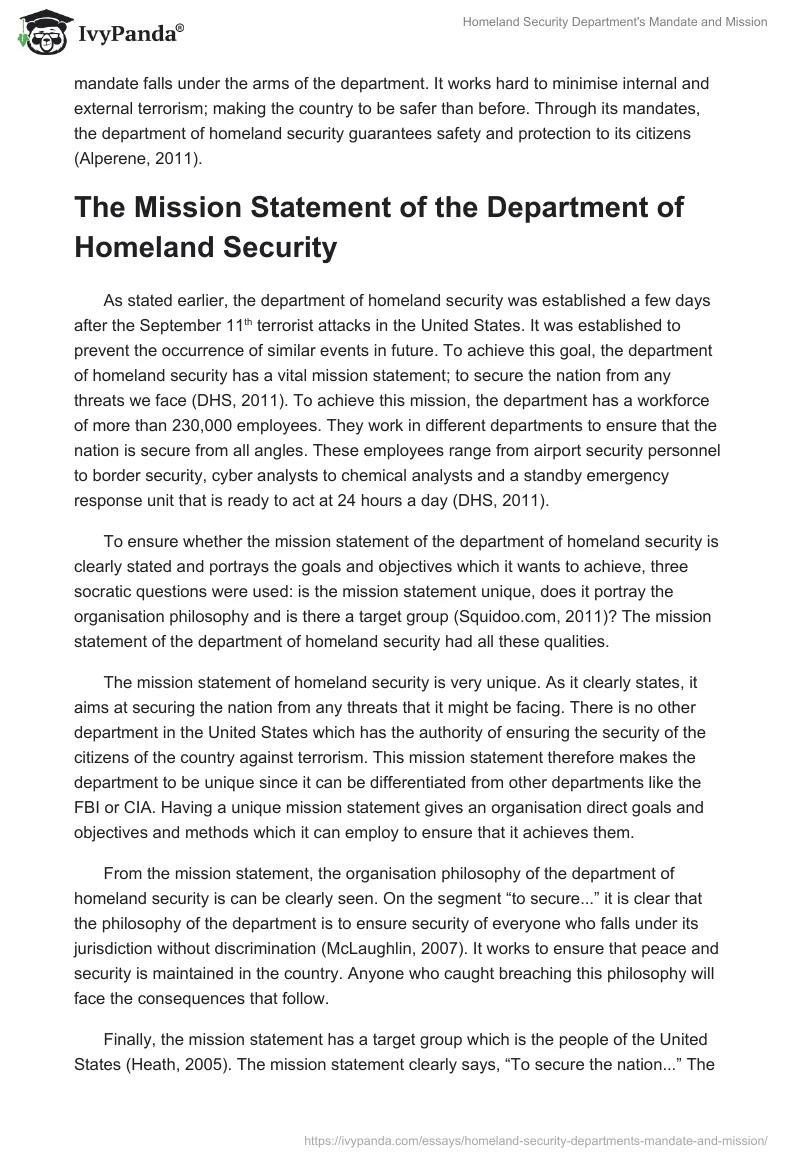 Homeland Security Department's Mandate and Mission. Page 2