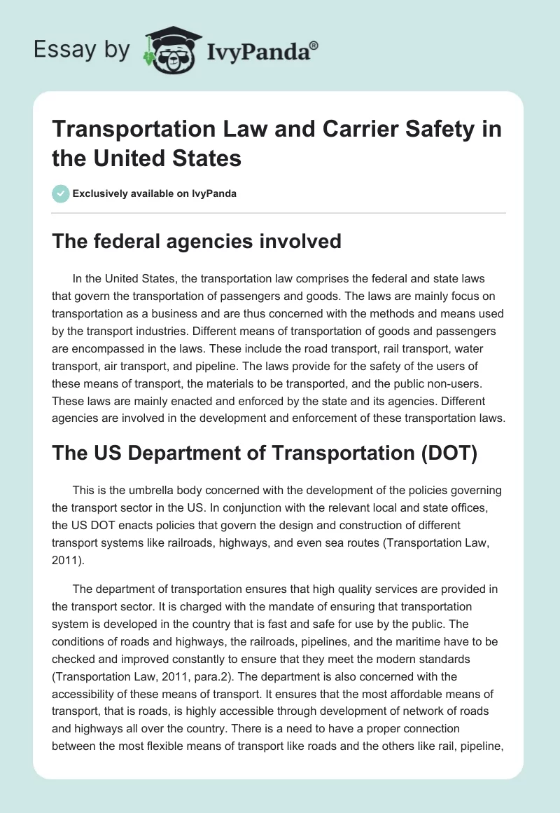 Transportation Law and Carrier Safety in the United States. Page 1