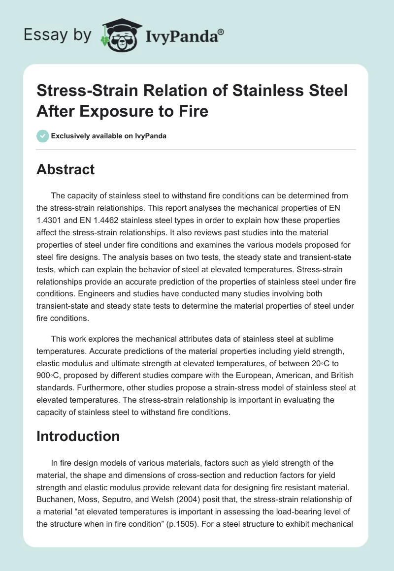 Stress-Strain Relation of Stainless Steel After Exposure to Fire. Page 1