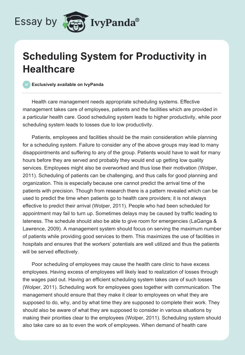 Scheduling System for Productivity in Healthcare. Page 1