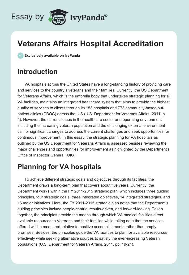 Veterans Affairs Hospital Accreditation. Page 1