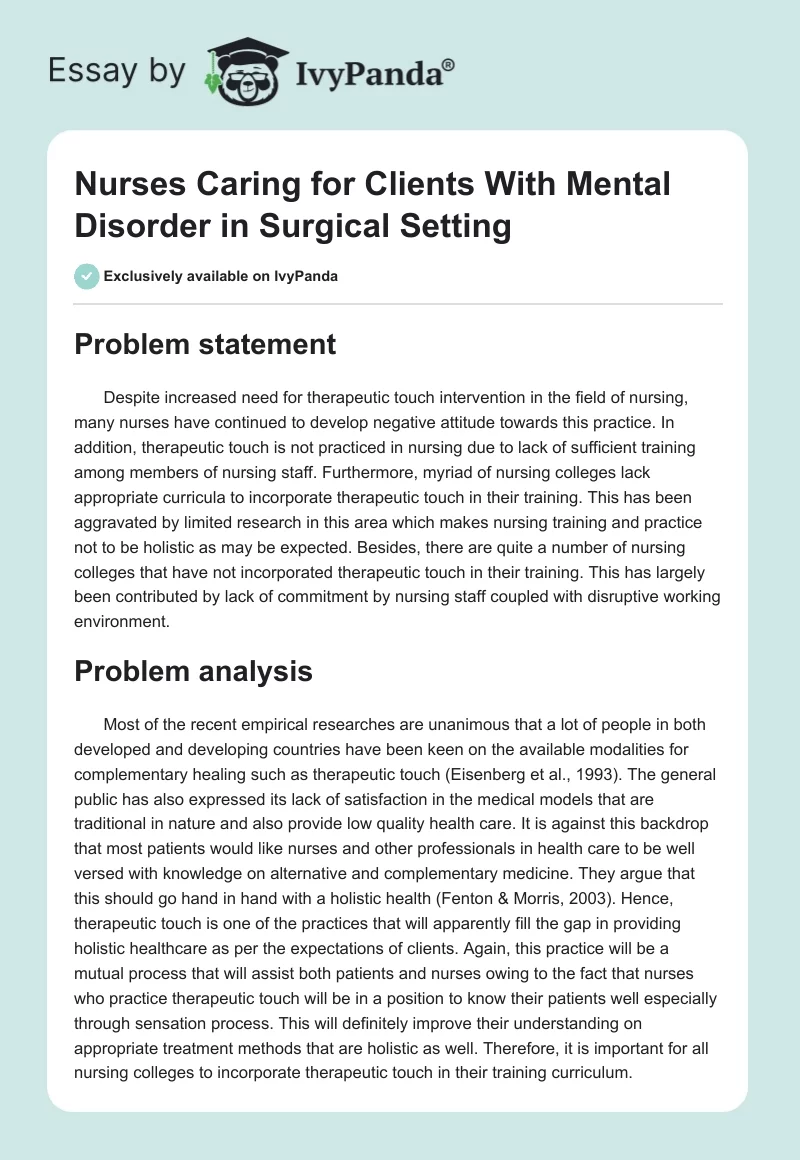 Nurses Caring for Clients With Mental Disorder in Surgical Setting. Page 1