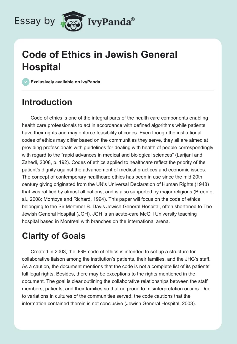 Code of Ethics in Jewish General Hospital. Page 1