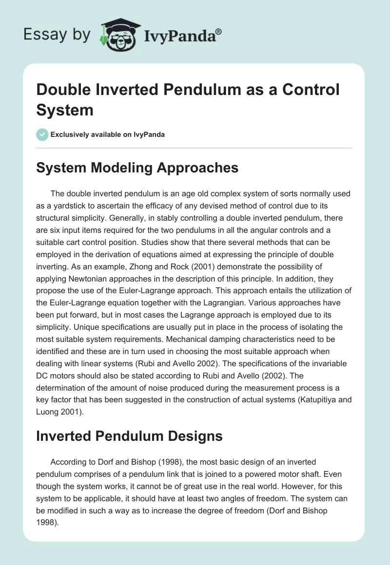 Double Inverted Pendulum as a Control System. Page 1