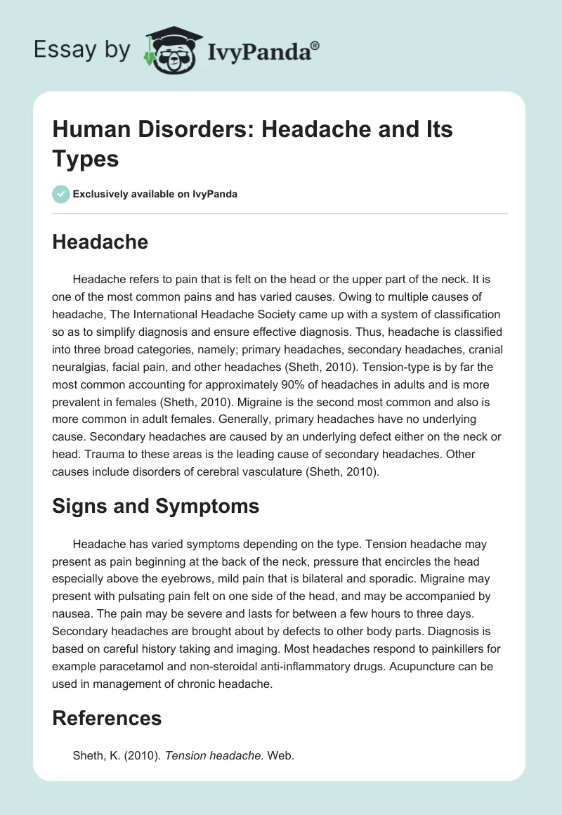 Human Disorders: Headache and Its Types. Page 1