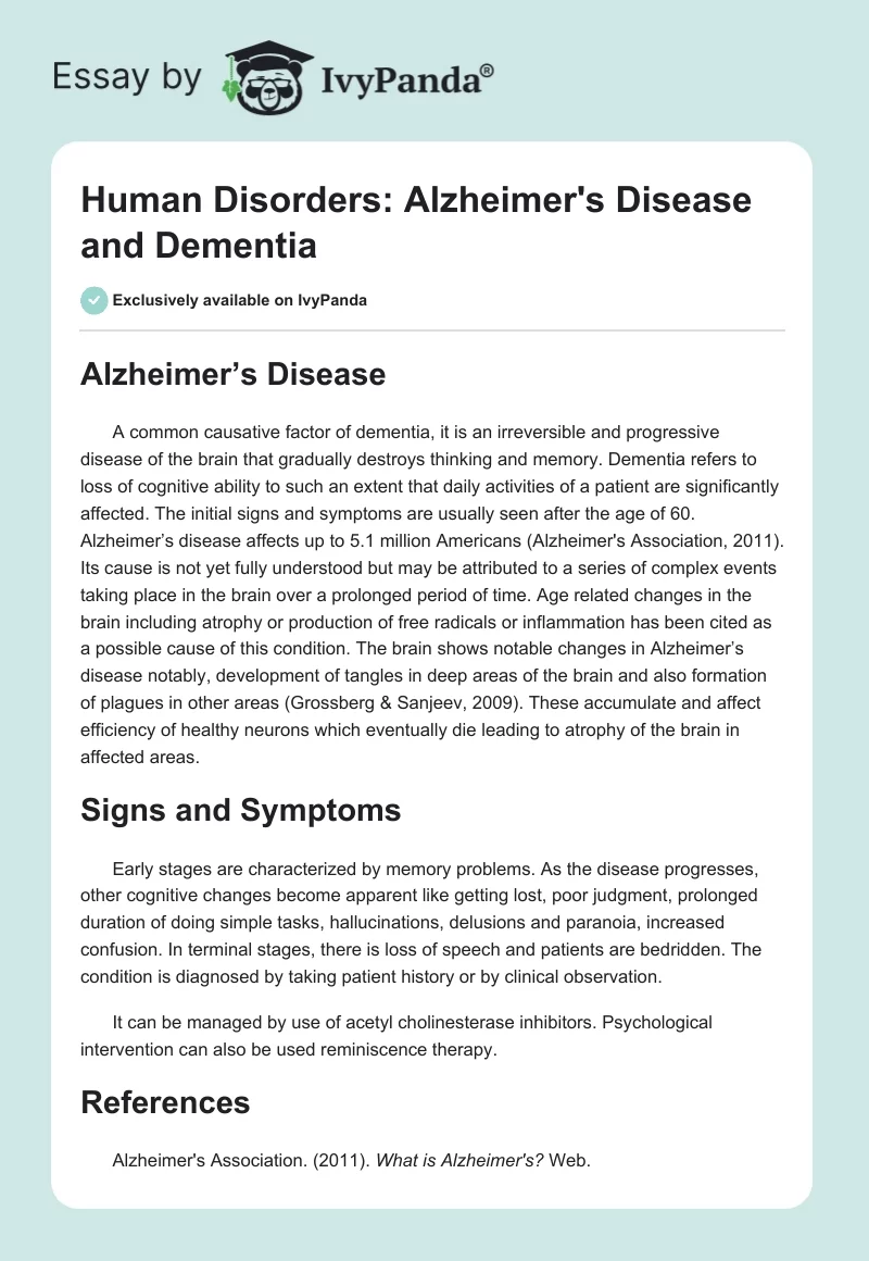 Human Disorders: Alzheimer's Disease and Dementia. Page 1