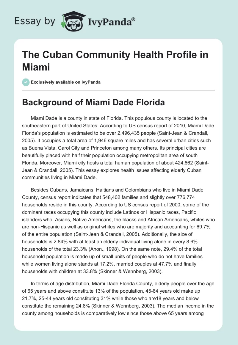 The Cuban Community Health Profile in Miami. Page 1