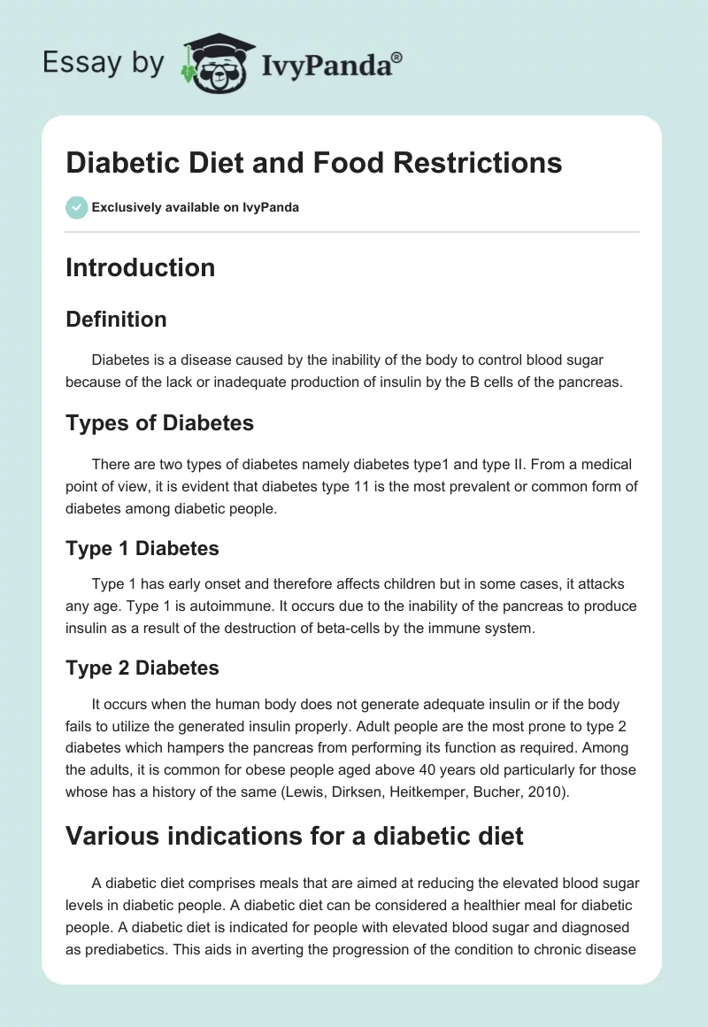 Diabetic Diet and Food Restrictions. Page 1