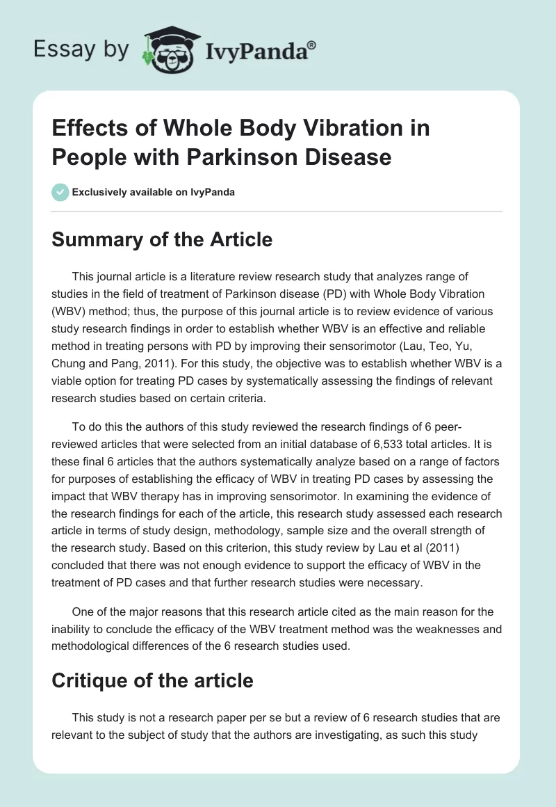 Effects of Whole Body Vibration in People With Parkinson Disease. Page 1