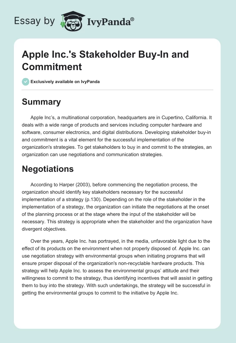 Apple Inc.'s Stakeholder Buy-In and Commitment. Page 1