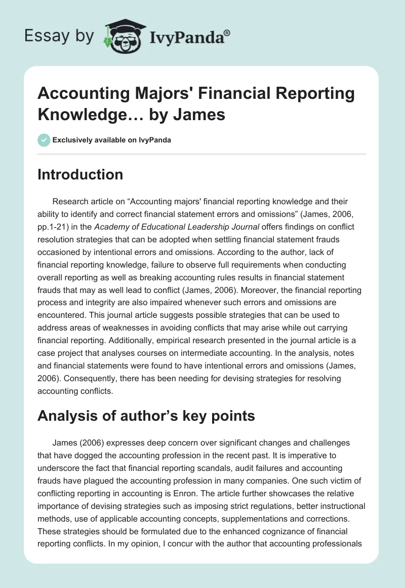 "Accounting Majors' Financial Reporting Knowledge…" by James. Page 1