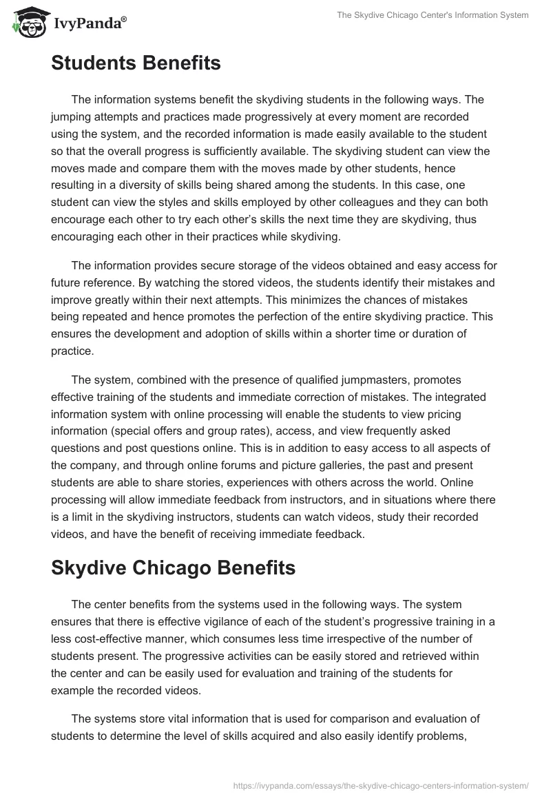 The Skydive Chicago Center's Information System. Page 2