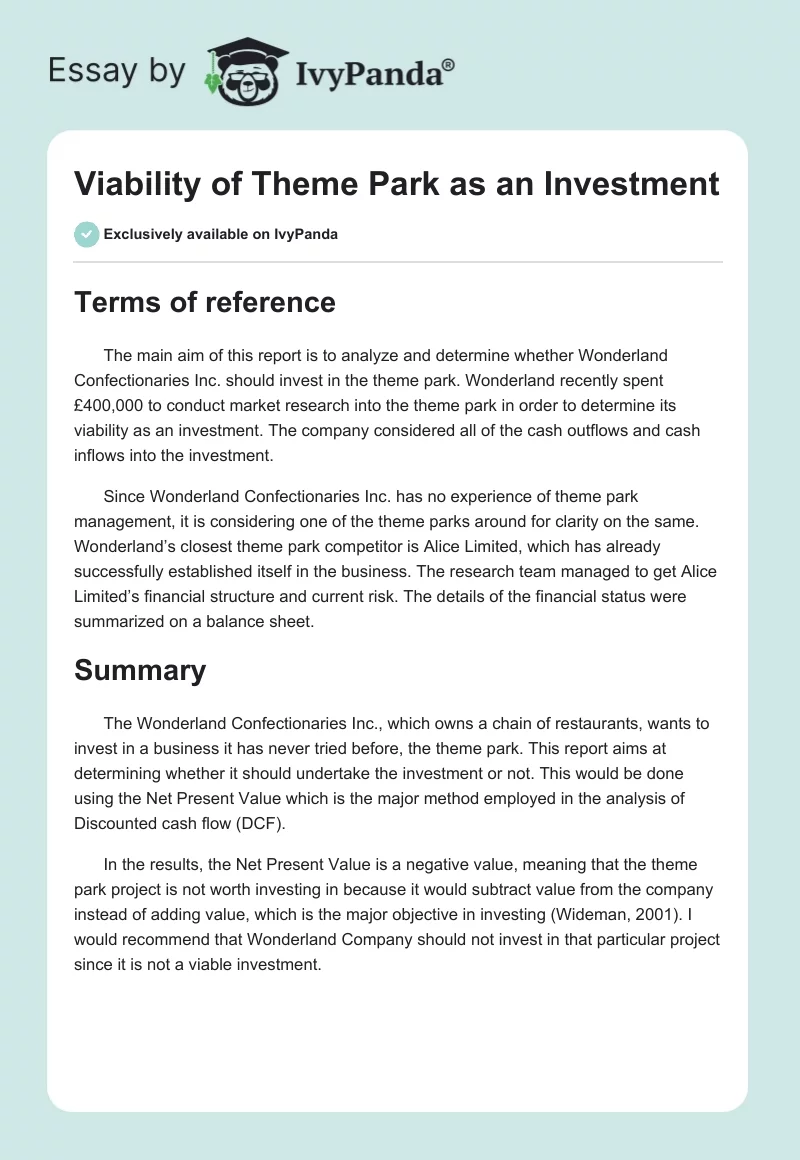 Viability of Theme Park as an Investment. Page 1