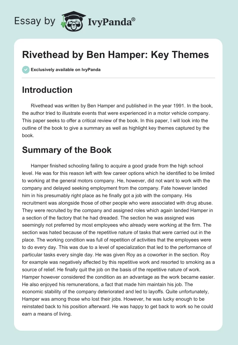 "Rivethead" by Ben Hamper: Key Themes. Page 1