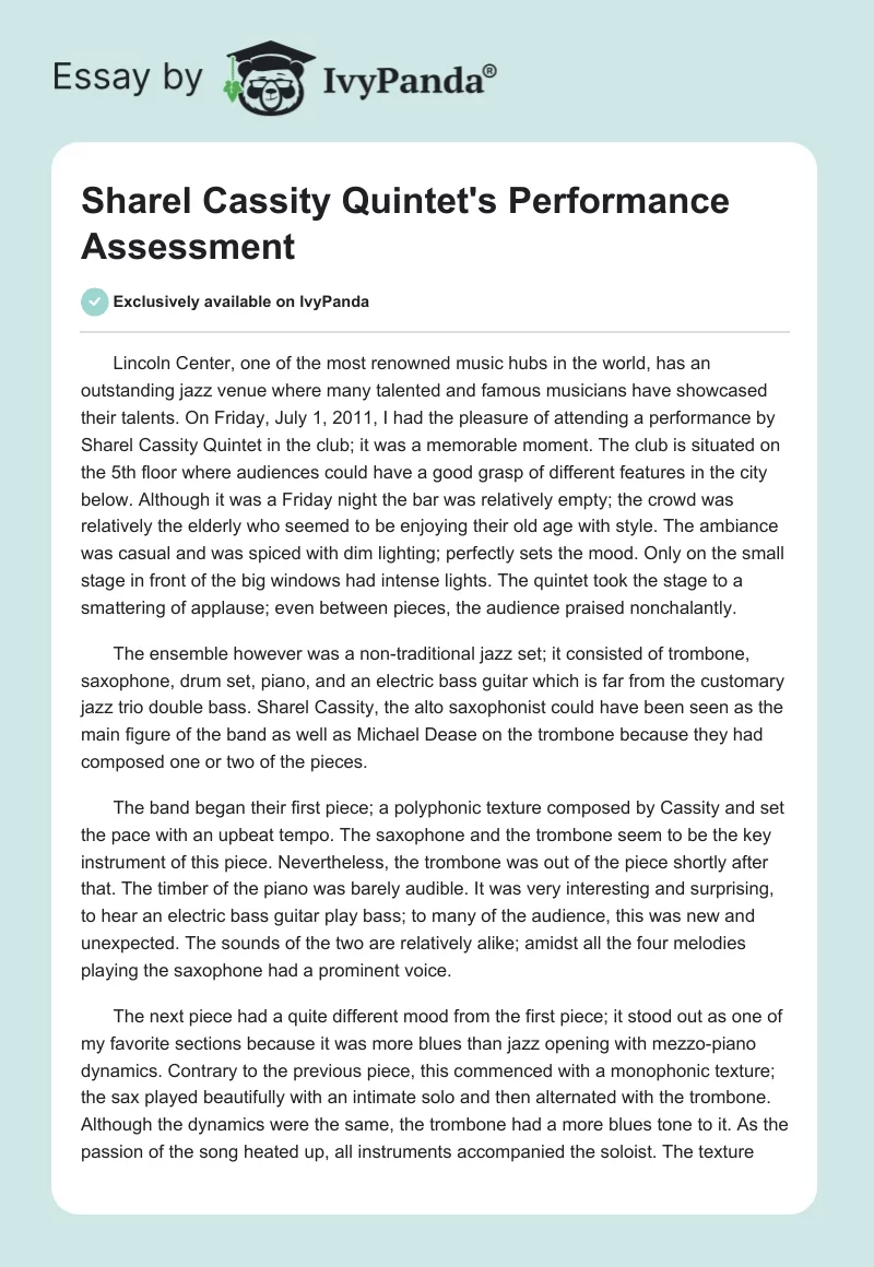 Sharel Cassity Quintet's Performance Assessment. Page 1