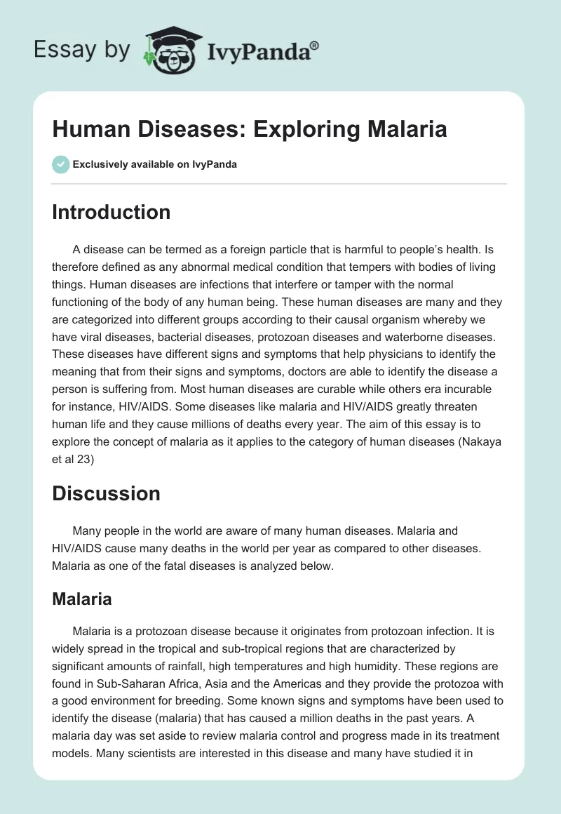 Human Diseases: Exploring Malaria. Page 1