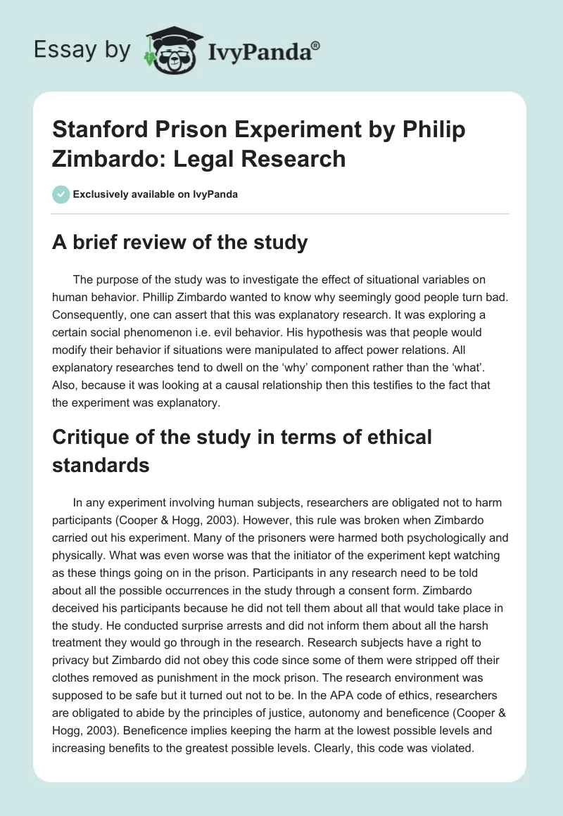 Stanford Prison Experiment by Philip Zimbardo: Legal Research. Page 1