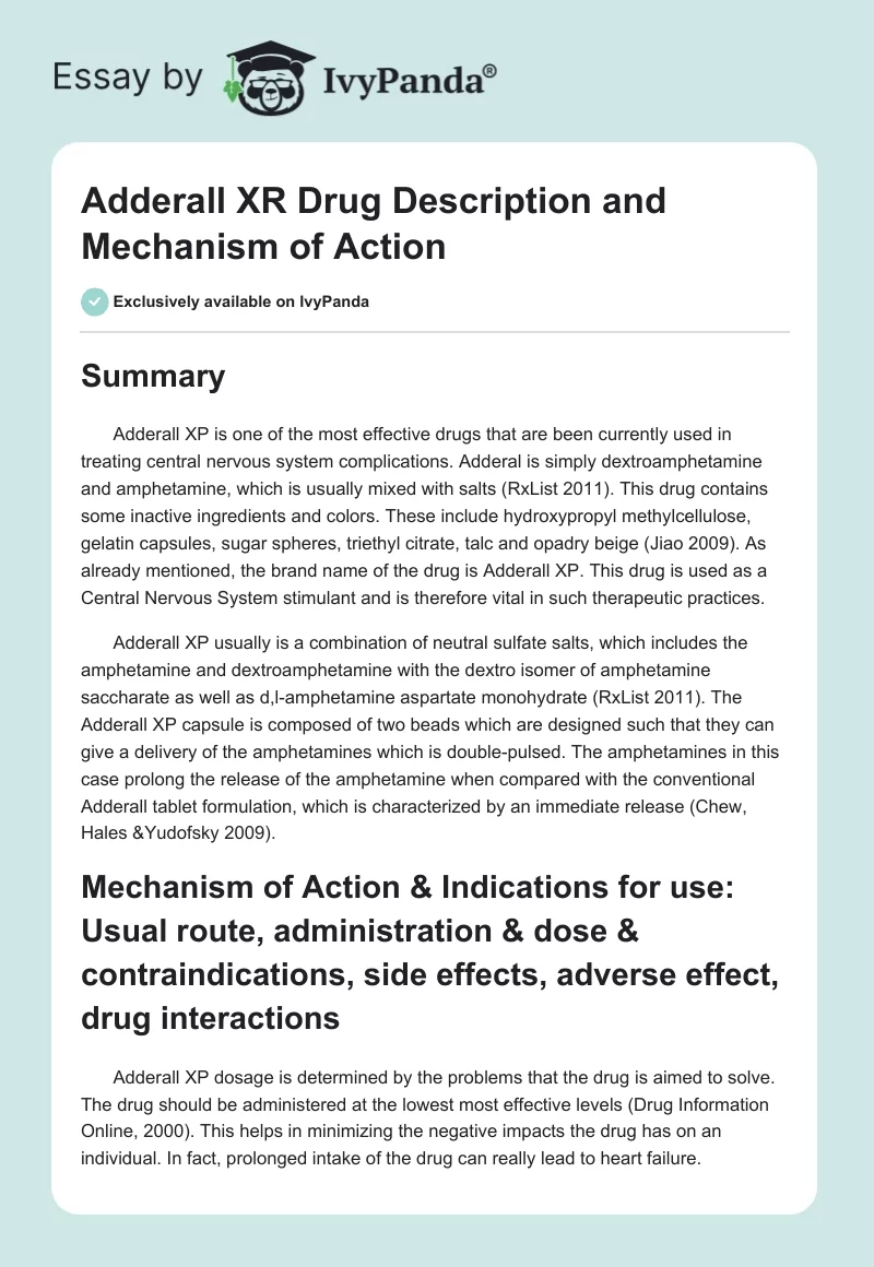 Adderall XR Drug Description and Mechanism of Action. Page 1