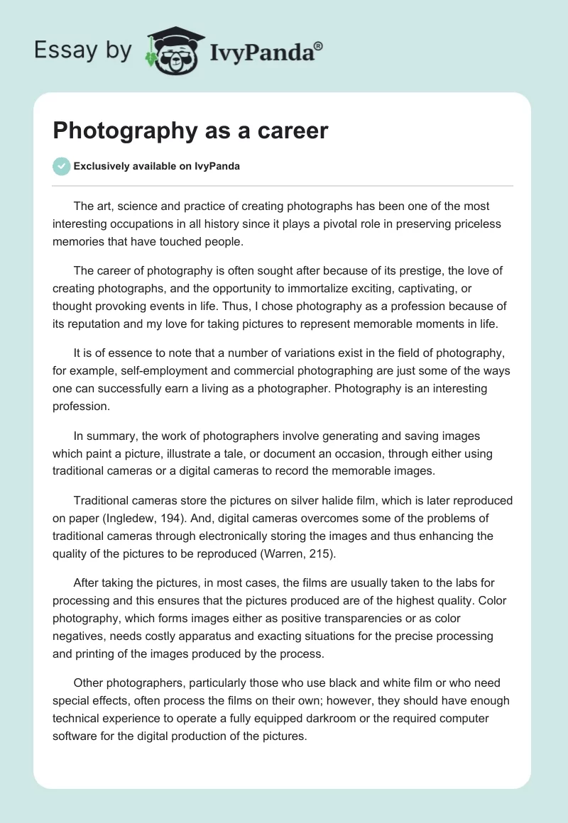 Photography as a Career. Page 1