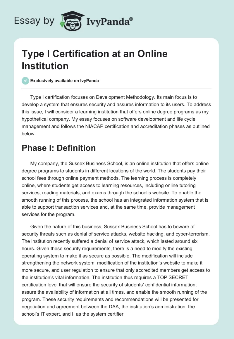 Type I Certification at an Online Institution. Page 1