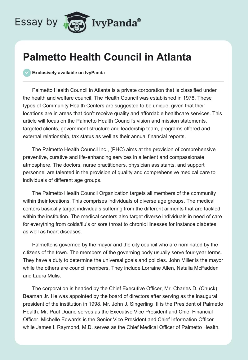 Palmetto Health Council in Atlanta. Page 1