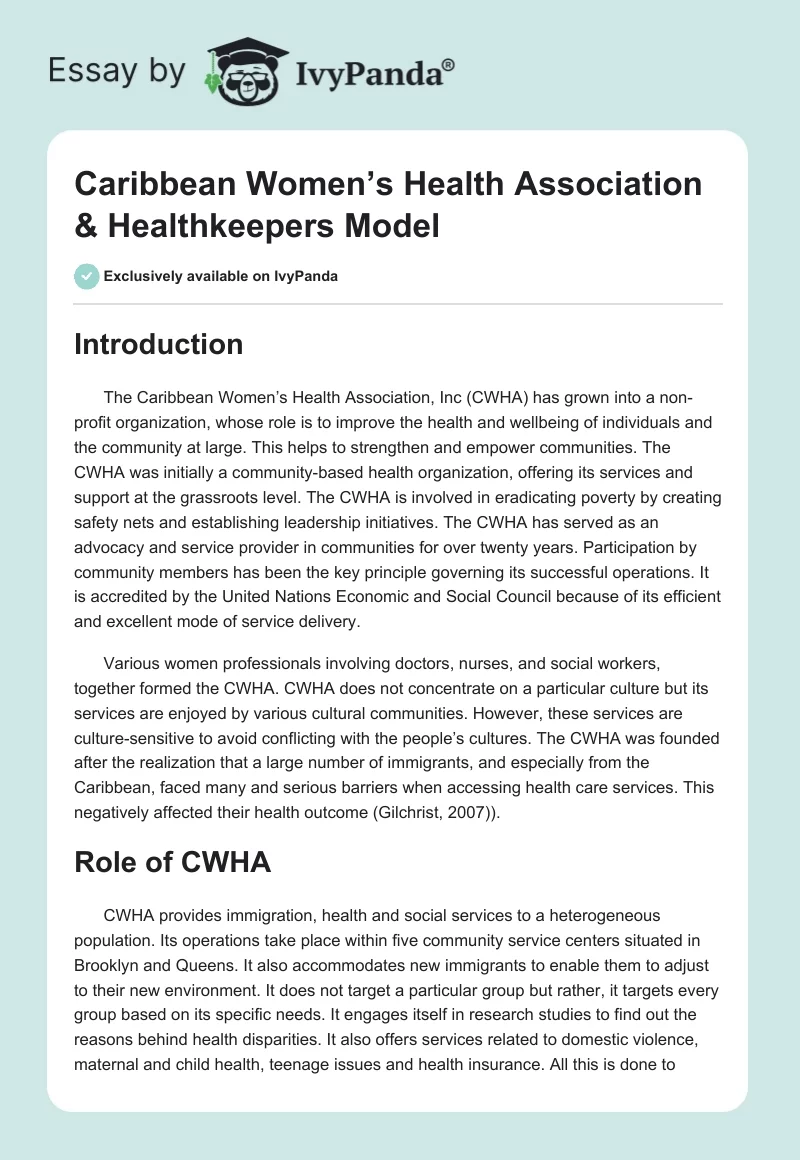 Caribbean Women’s Health Association & Healthkeepers Model. Page 1