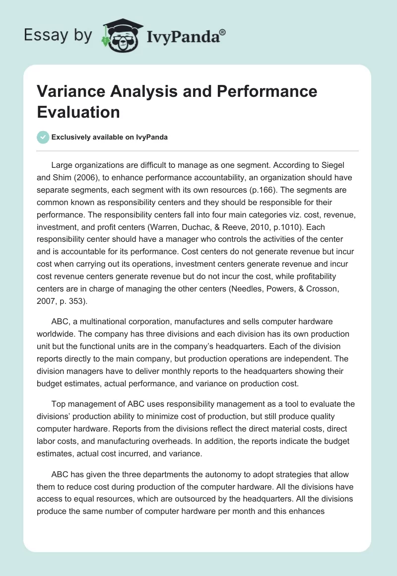 Variance Analysis and Performance Evaluation. Page 1