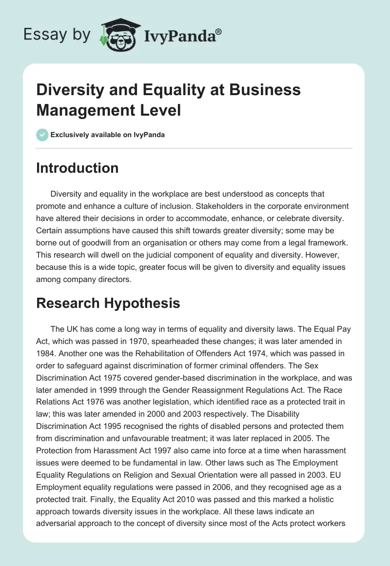 Diversity and Equality at Business Management Level. Page 1