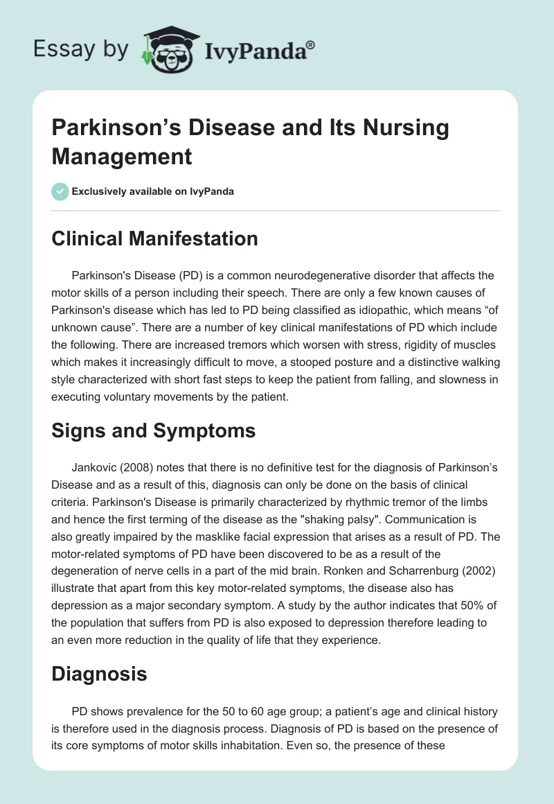 Parkinson’s Disease and Its Nursing Management. Page 1