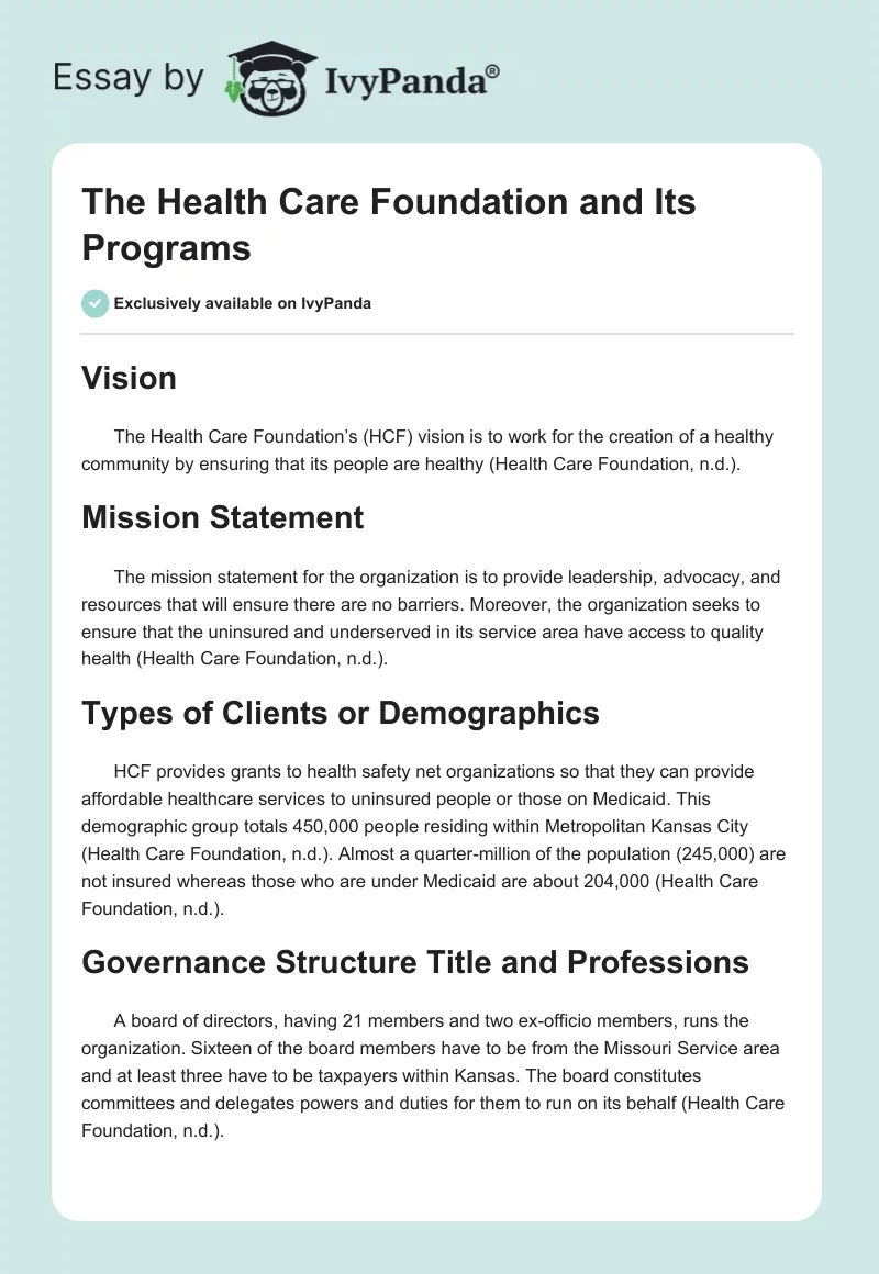 The Health Care Foundation and Its Programs. Page 1