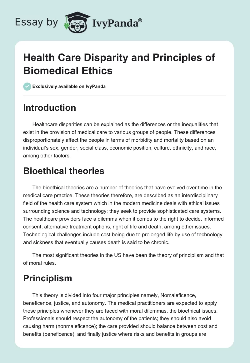 Health Care Disparity and Principles of Biomedical Ethics. Page 1