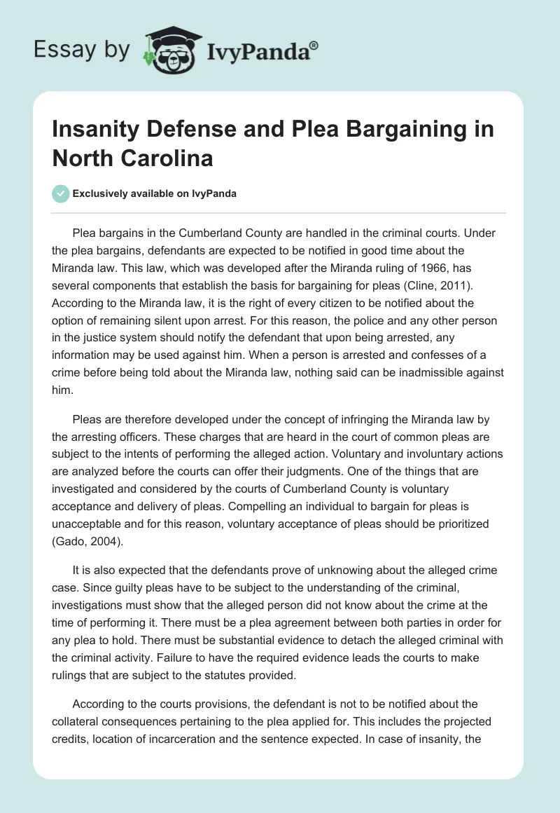 Insanity Defense and Plea Bargaining in North Carolina. Page 1