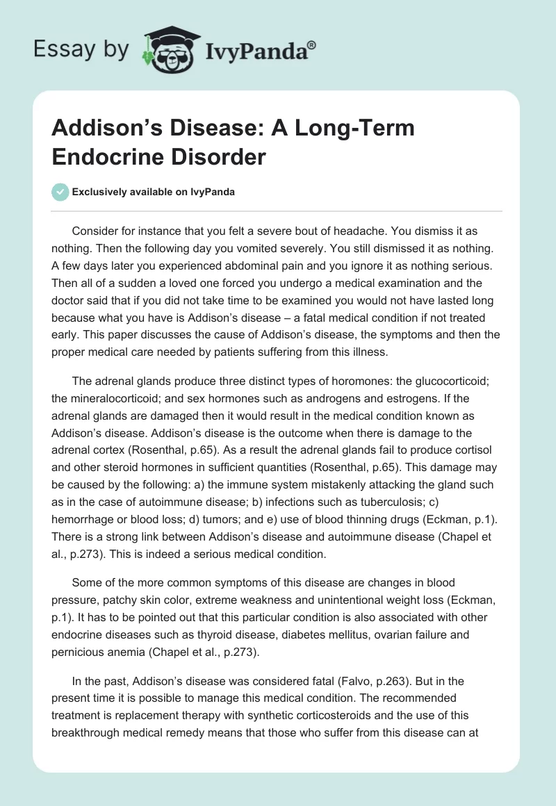 Addison’s Disease: A Long-Term Endocrine Disorder. Page 1