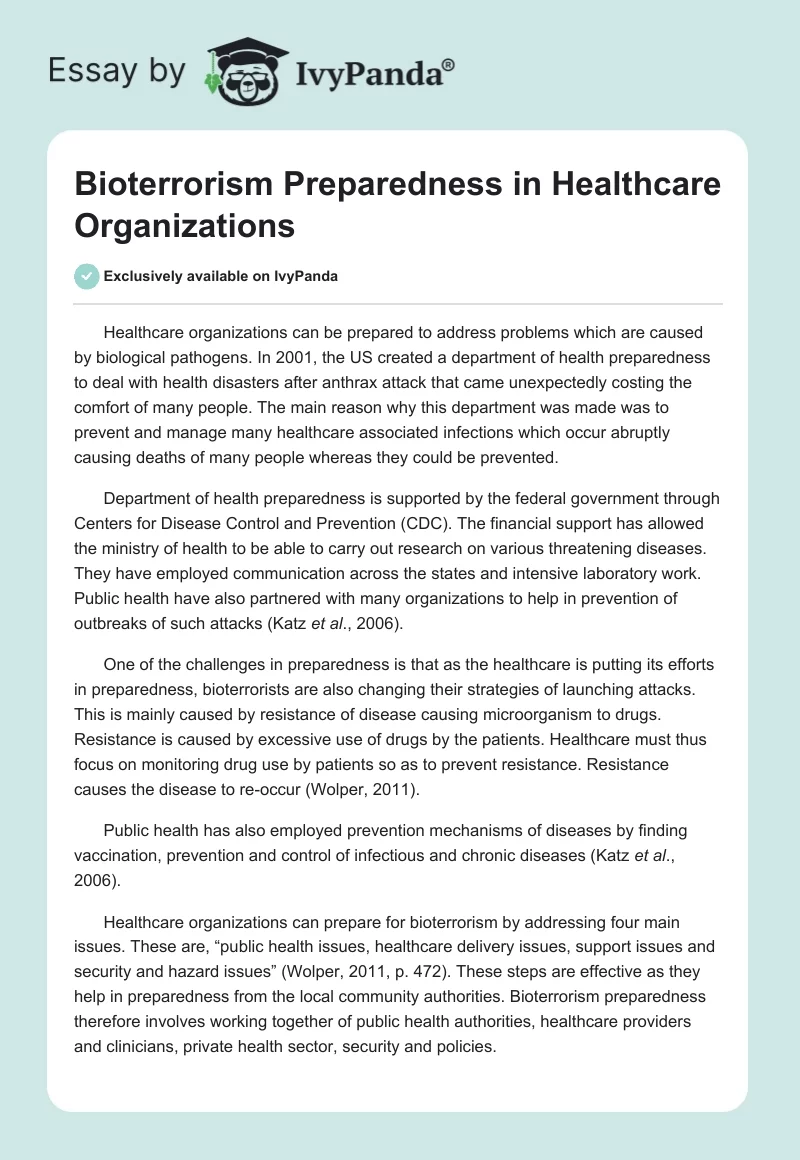 Bioterrorism Preparedness in Healthcare Organizations. Page 1