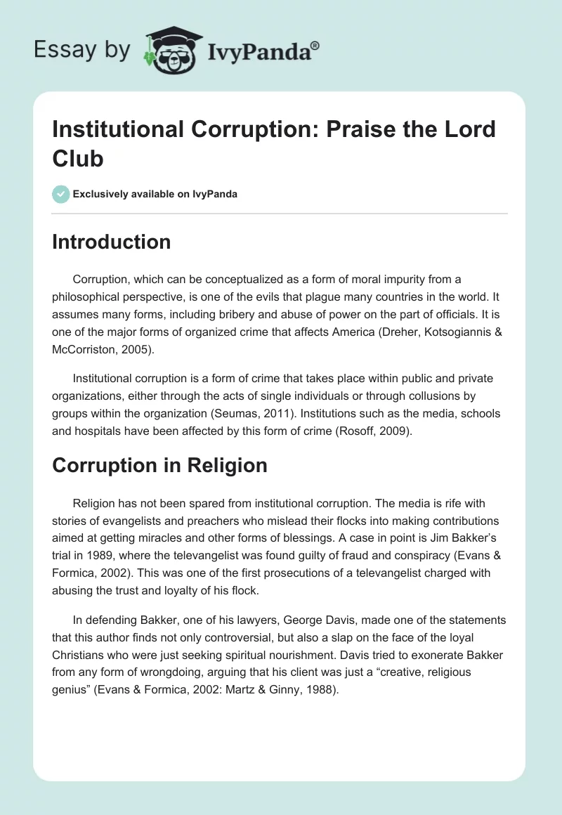 Institutional Corruption: Praise the Lord Club. Page 1