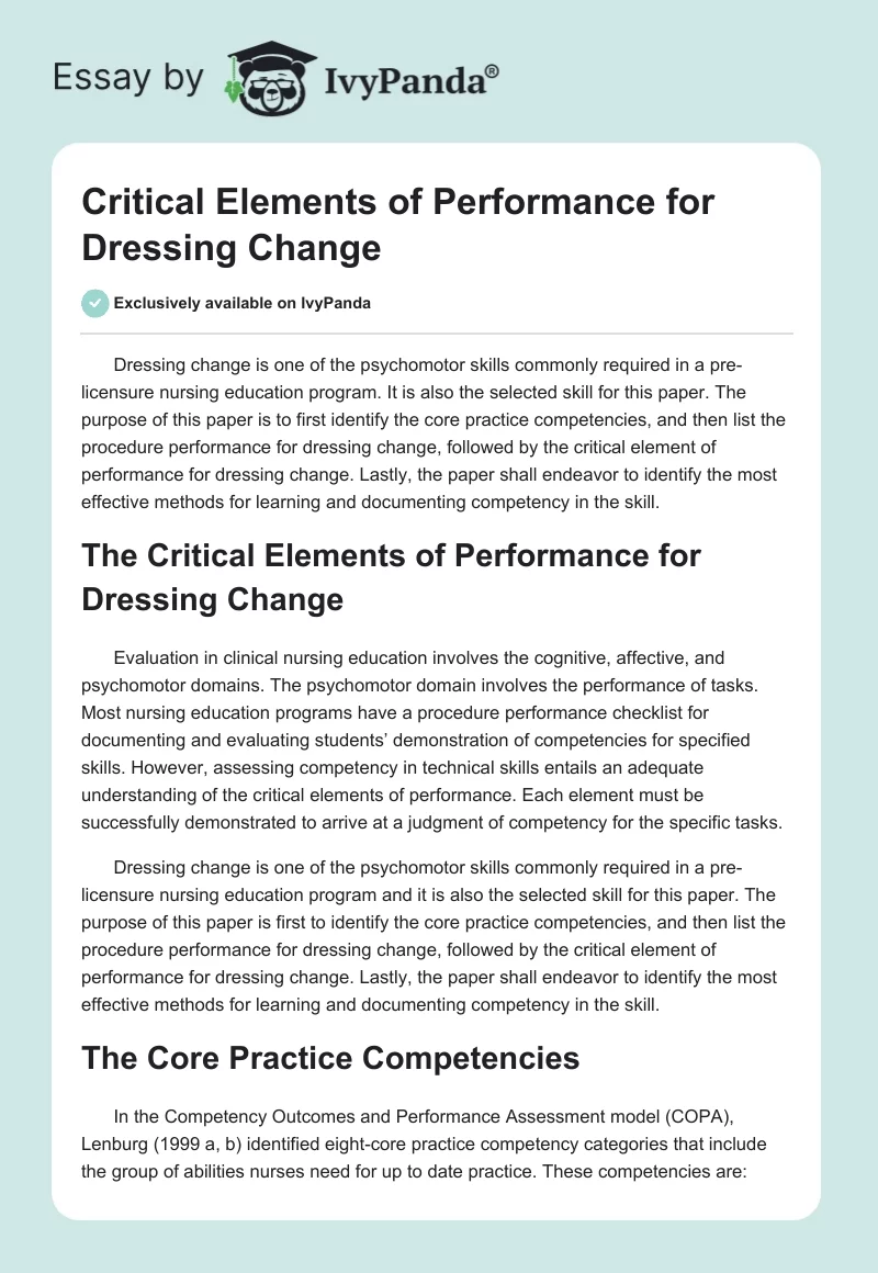 Critical Elements of Performance for Dressing Change. Page 1