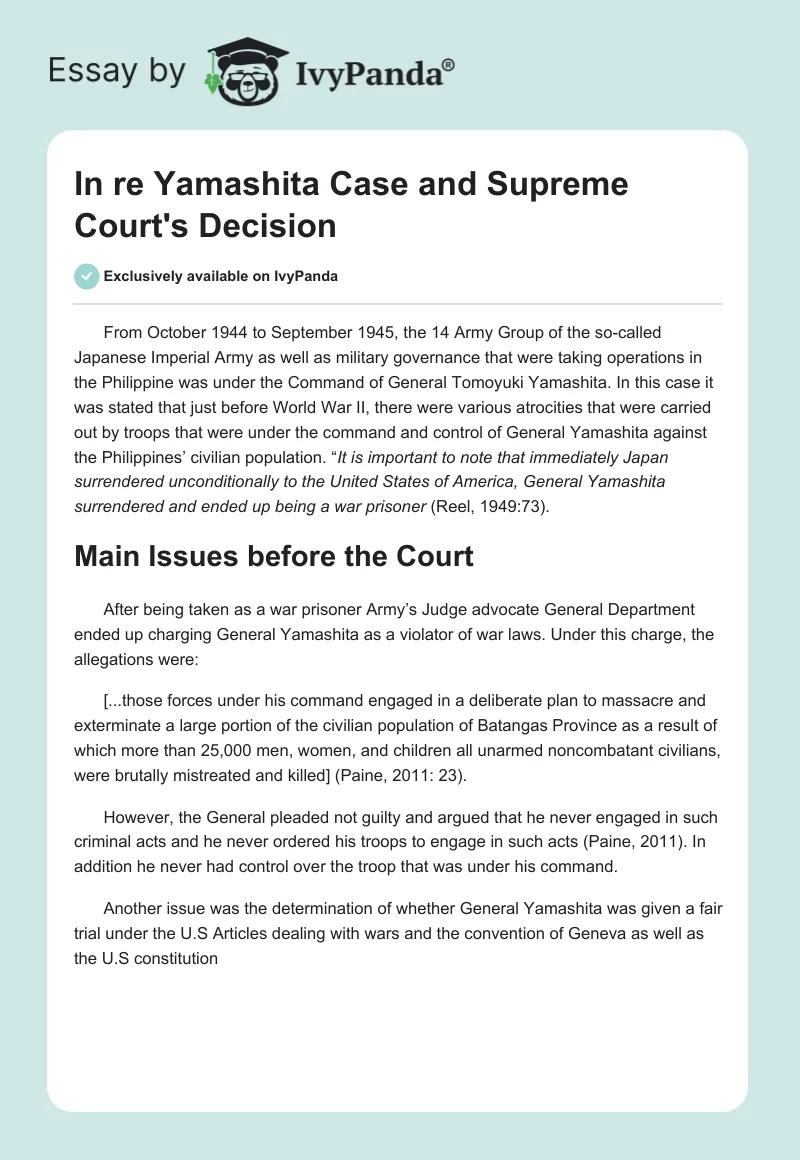 In re Yamashita Case and Supreme Court's Decision. Page 1