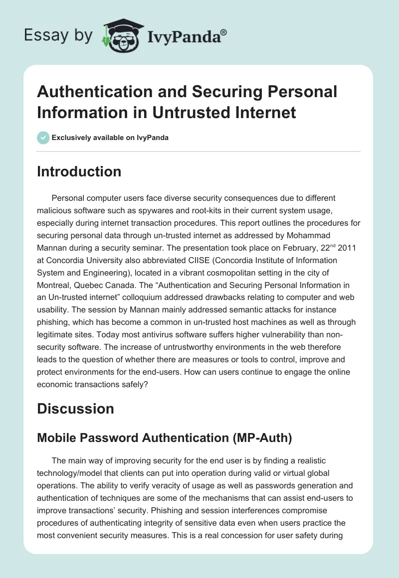 Authentication and Securing Personal Information in Untrusted Internet. Page 1
