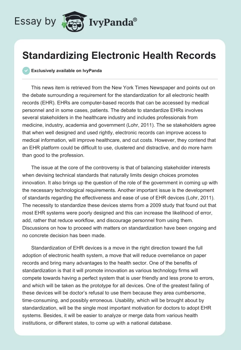 Standardizing Electronic Health Records. Page 1