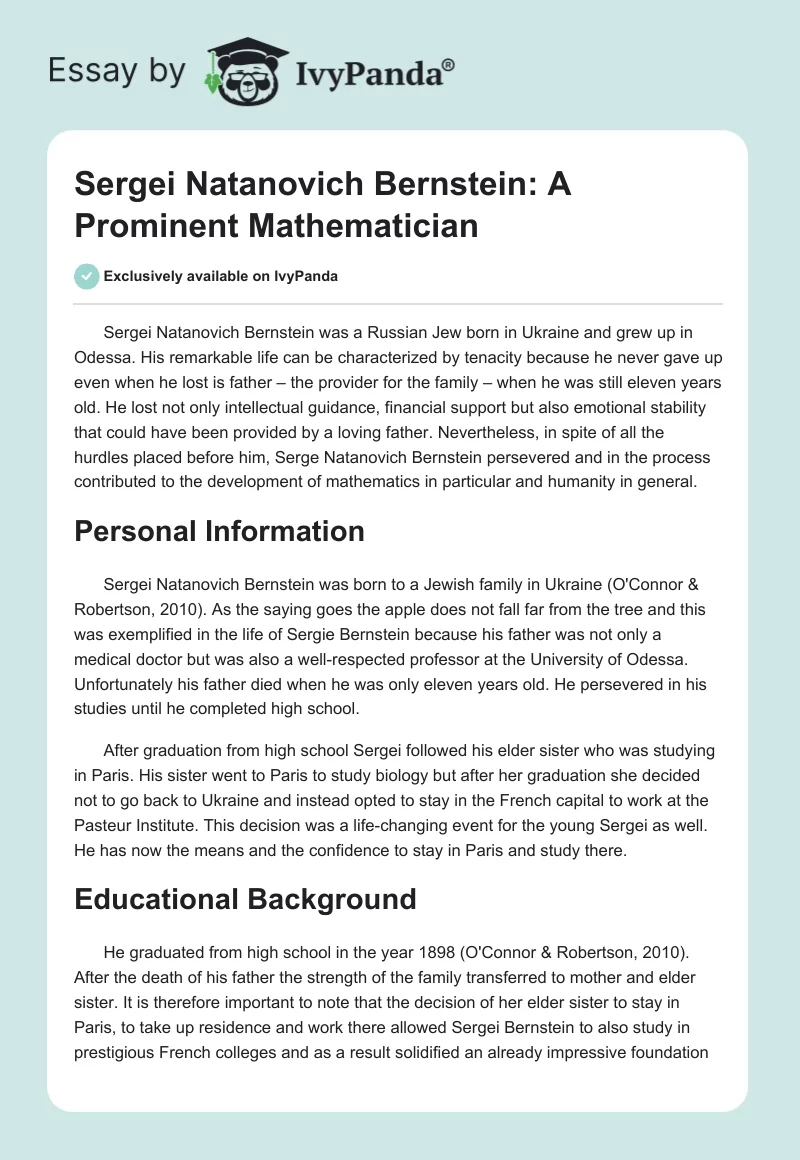 Sergei Natanovich Bernstein: A Prominent Mathematician. Page 1
