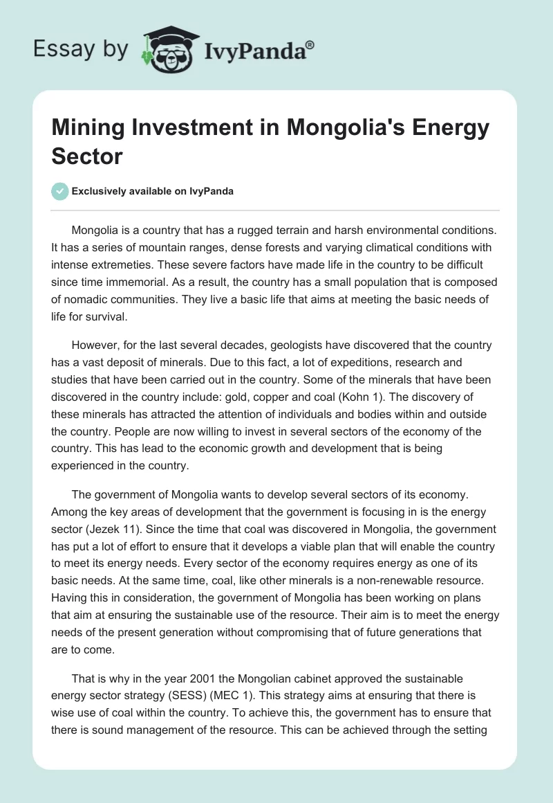 Mining Investment in Mongolia's Energy Sector. Page 1