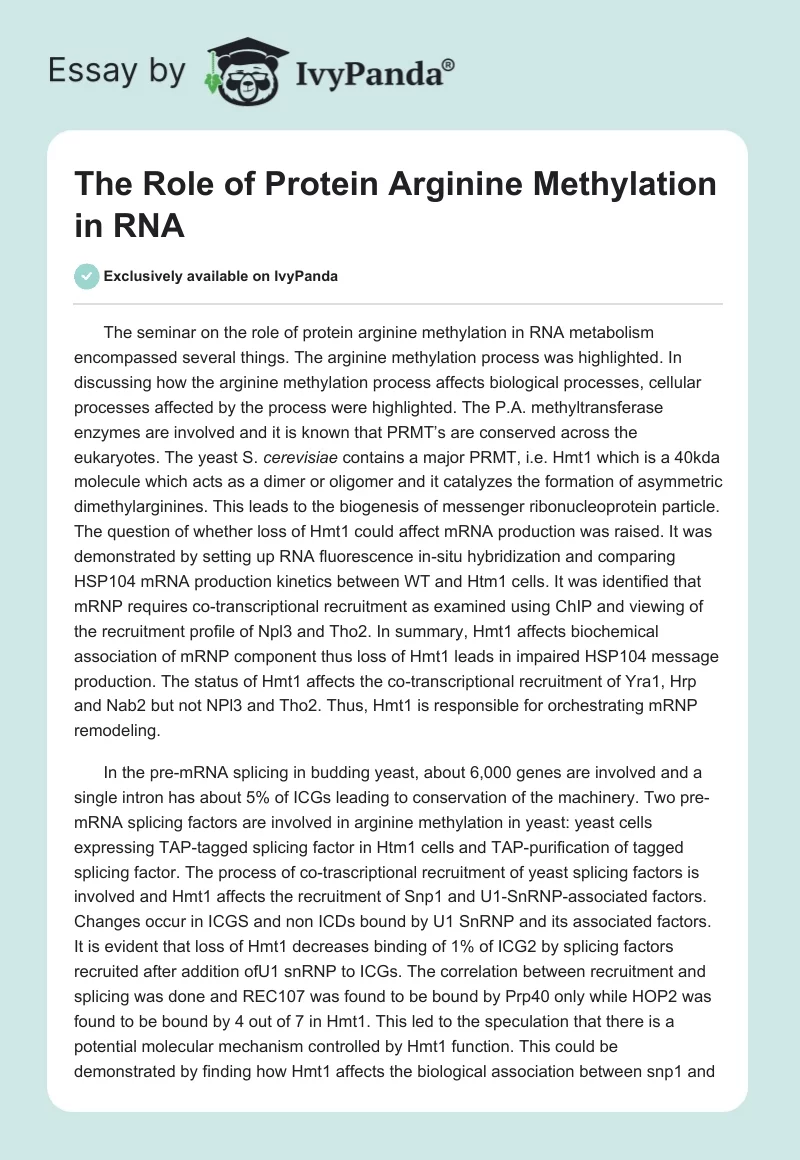 The Role of Protein Arginine Methylation in RNA. Page 1