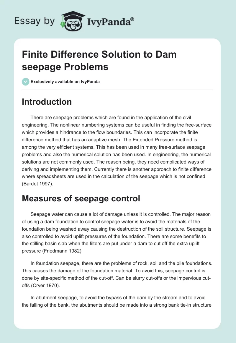 Finite Difference Solution to Dam seepage Problems. Page 1