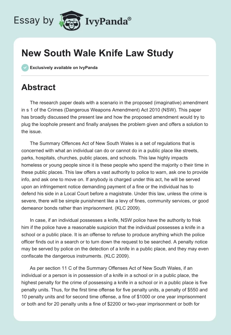 New South Wale Knife Law Study. Page 1