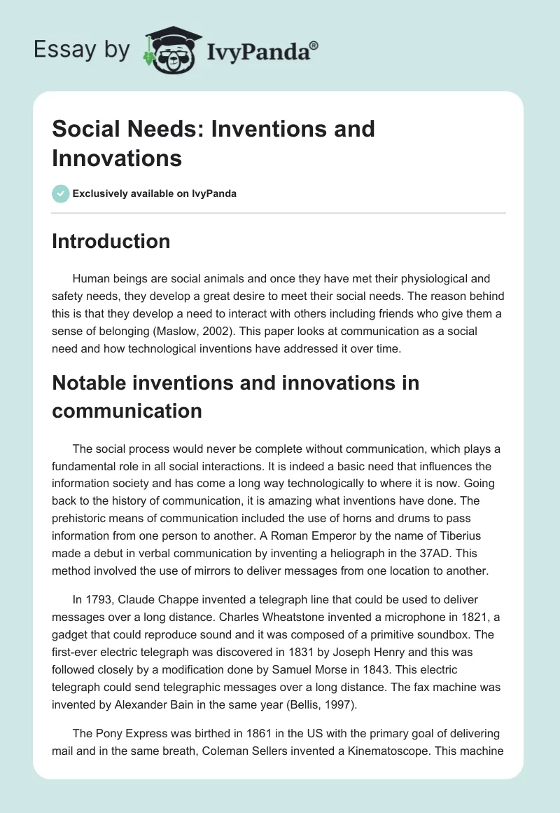 Social Needs: Inventions and Innovations. Page 1