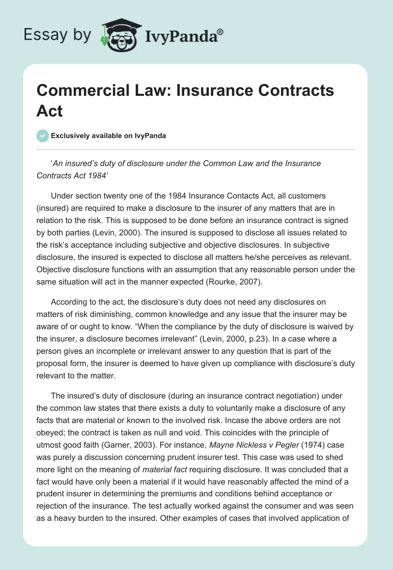 Commercial Law: Insurance Contracts Act. Page 1