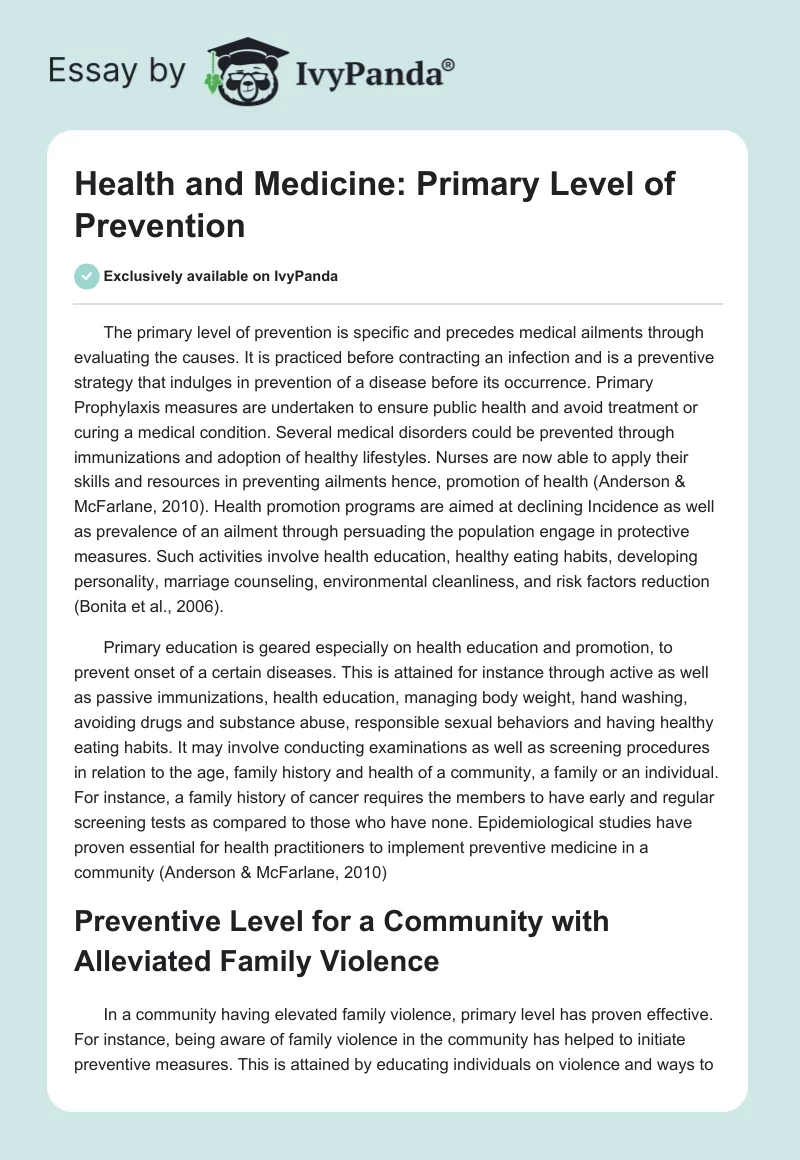 Health and Medicine: Primary Level of Prevention. Page 1