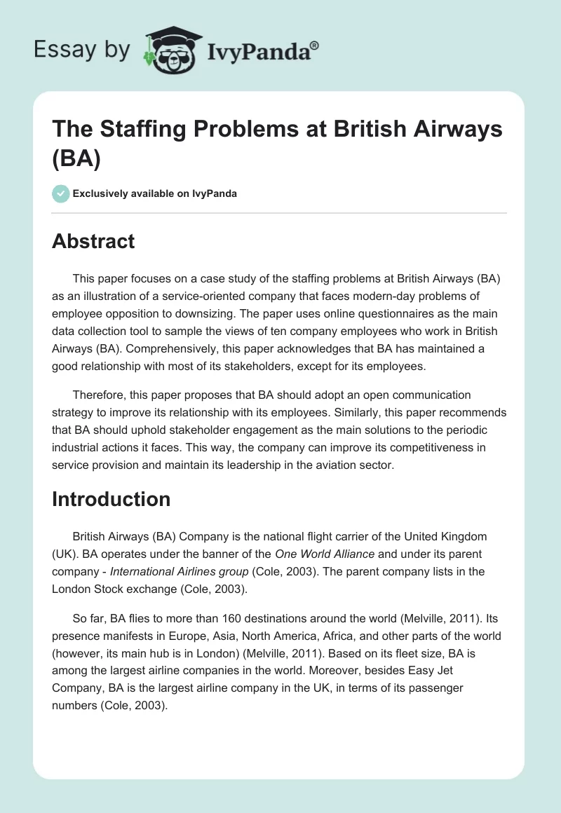 The Staffing Problems at British Airways (BA). Page 1