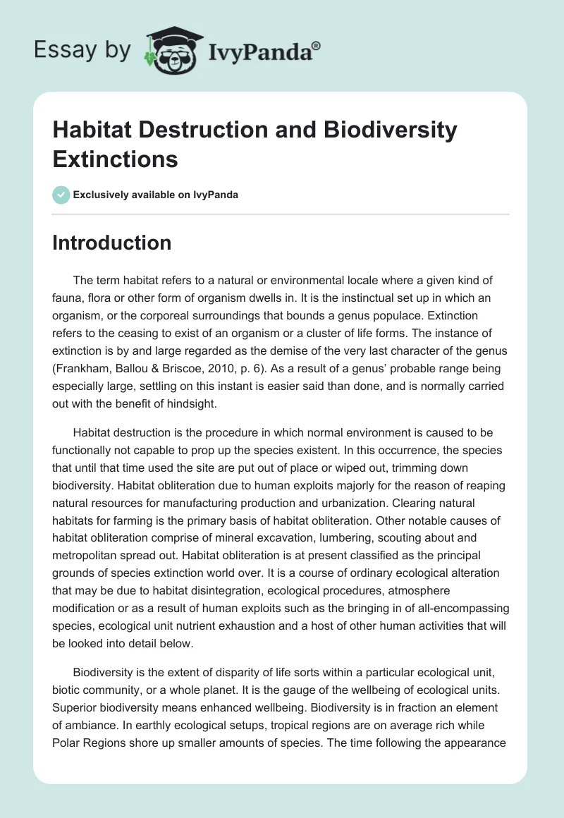 Habitat Destruction and Biodiversity Extinctions. Page 1