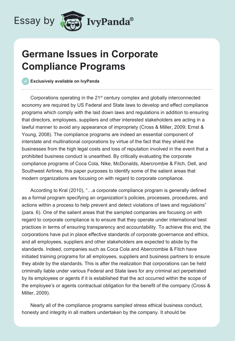 Germane Issues in Corporate Compliance Programs. Page 1
